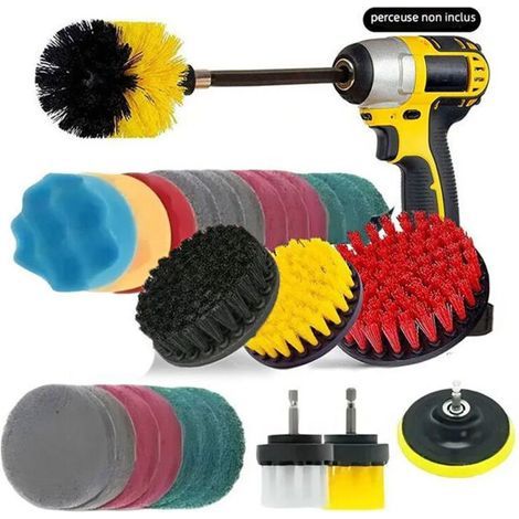 Kit de 27PCS Brosse Perceuse,Broches Nettoyage Rotative Voiture Brosse Visseuse pour Voiture/Jantes/Baignoire/Carrelage/Cuisine
