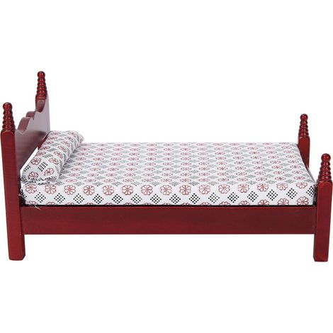 Lit de poupée miniature 1:12 en bois rouge, accessoire de maison de poupée (1/5)
