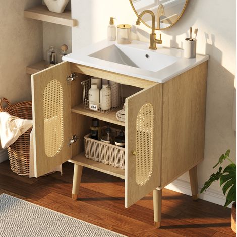 Meuble de salle de bain avec vasque 61 cm, en MDF et céramique, naturel DESVIAE (1/5)