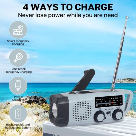 Radio d'urgence Portable FM/AM avec Batterie Solaire Rechargeable et manivelle Dynamo, Lampe de Poche LED, Batterie Externe 2000 mAh, Alarme SOS USB, pour Camping en Plein air (Gris Bleu) (1/5)
