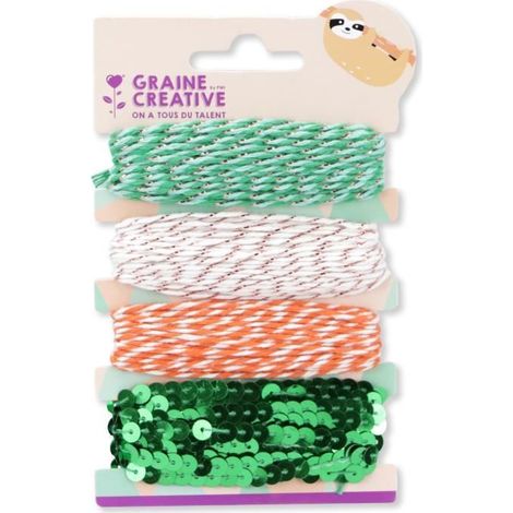 Ficelles fantaisies - GRAINE CREATIVE - Lot de 4 - Vert et Orange - 3 x 7m et 1 x 2.7m - Mixte
