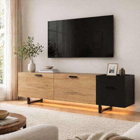 Meuble TV moderne 180 cm bois et noir avec étagères, tiroirs et supports métal OKWISH (1/5)