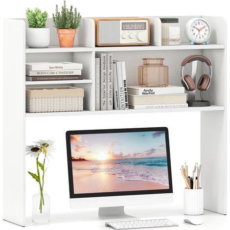 Étagère de Bureau 94 x 24 x 85 cm, Organisateur de Bureau à 3 Niveaux avec 6 Étagères pour Bureau d'Ordinateur, Dortoir, Blanc (1/5)