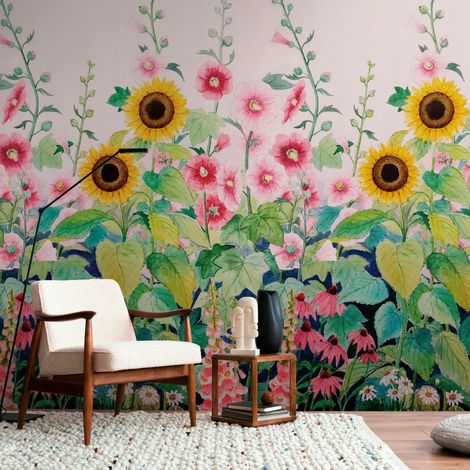 Fototapete Profhome 398831 heißgeprägte Vliestapete glatt mit Blumen-Muster matt rosa grün gelb blau 1,59 m x 2,8 m