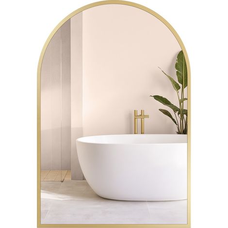 Songmics – Miroir mural arqué 91 x 61 cm – Verre trempé avec film de sécurité – Cadre en aluminium doré clair – Montage facile pour salle de bain, salon, chambre