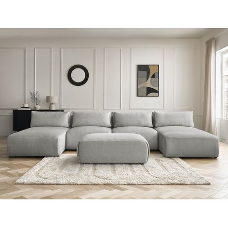 BOBOCHIC - Canapé panoramique fixe modulable avec têtières JANA tissu velours avec 2 méridiennes, 2 chauffeuses et 1 petit pouf   Gris clair