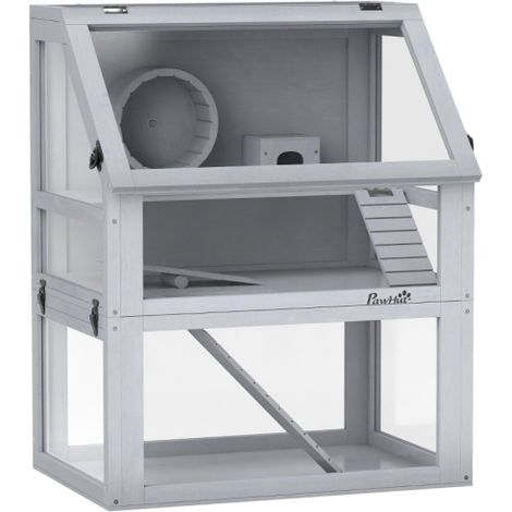 Light Grey Wooden Hamster Cage with Detachable 32cm Deep Base,Hut,Seesaw,Exercise Wheel,Ramp-60x40x75cm (1/5)