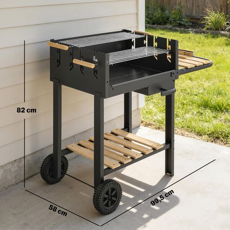 Chariot pour barbecue au charbon de bois avec grille réglable en hauteur sur 4 positions, 2 étagères en bois, 2 roues, bac à cendres, 99,5 x 58 x 82 cm (1/5)