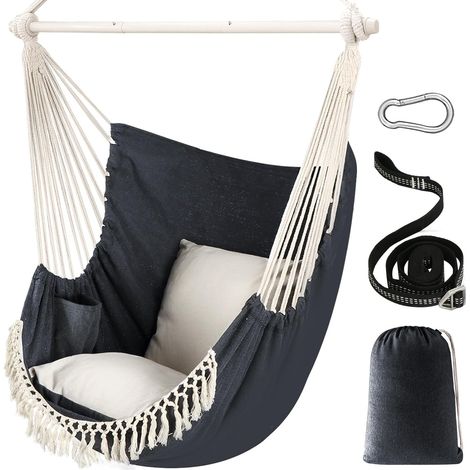 Sièges Suspendus Chaise Hamac Balançoire Suspendue Max 500 Lbs 2 Coussins Inclus Barre d'écartement en Métal avec Rainures Antidérapantes Portable Poche Latérale Grande Chaise bohémienne (1/5)