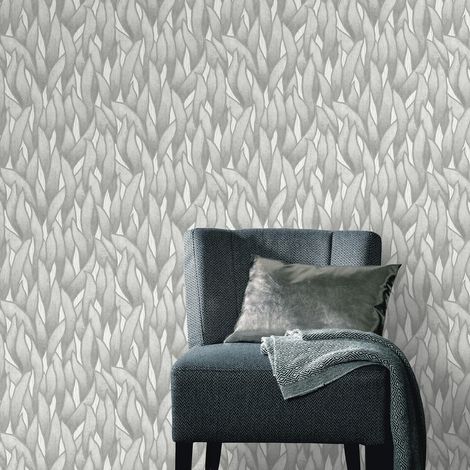 Papier peint motif feuille gris et blanc chambre adulte | Tapisserie feuille tendance grise | Papier peint salon & couloir intissé (1/4)