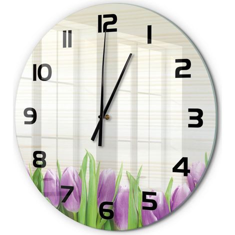 Horloge Murale Ronde Design Contemporain Verre Décoratif pour Salon Tulipes violettes fi 60 cm (1/5)