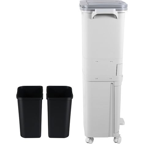 Jiubiaz Poubelle de cuisine 42 L en PP, modèle vertical 3 niveaux, 2 seaux intérieurs amovibles, bac inférieur et tiroir de rangement (1/5)