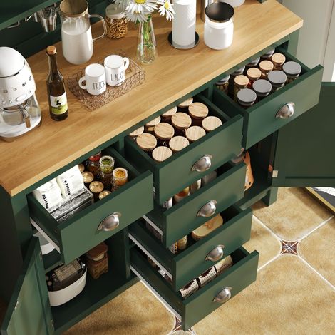 Buffet / Armoire de rangement / Meuble de cuisine / Vaisselier, 104x40x180cm, style champêtre, 4 portes, avec bandeau LED et porte-bouteilles, vert/blanc (1/5)