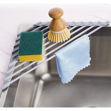 Petit égouttoir triangulaire pliable avec revêtement en silicone, cadre en acier inoxydable pour coin d'évier, égouttoir multifonctionnel (gris)-AquaForge (1/5)