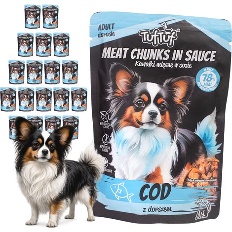 Cibo umido per cani TufTuf, confezione da 20 bustine da 100 g di merluzzo essiccato. (1/2)