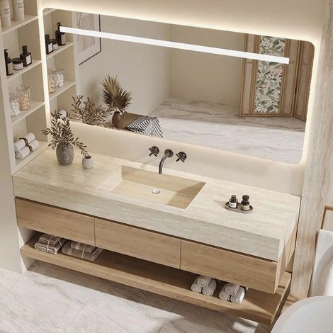 Wandhängendes Waschbecken-Set - Sinterstein - Travertine look,mit Spiegel, Unterschrank, Ablage & Ablauf, ohne Armaturenloch 120cm (1/5)
