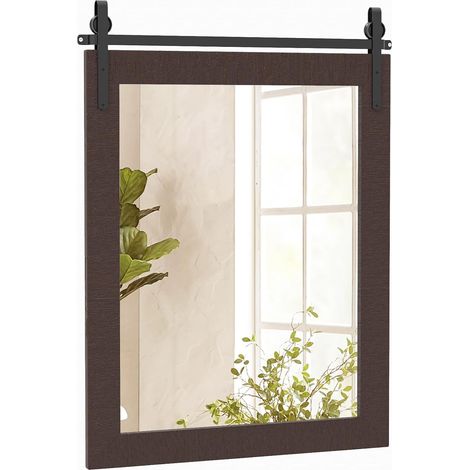GOPLUS Miroir Mural Solide, 76,5 x 54 CM, Miroir Autocollant Rectangulaire en Bois Sapin & Verre de Haute Définition & Support en Métal, Idéal pour Entrée, Salle de Bain, Chambre à Coucher (Noyer) (1/5)