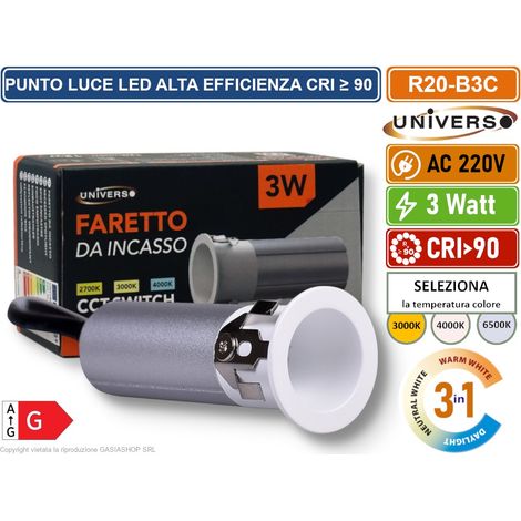 UNIVERSO R20-B3C FARO FARETTO LED PUNTO LUCE SPOT LIGHT ROTONDO COLORE BIANCO ARGENTO DA INCASSO 3W CCT SWITCH TEMPERATURA COLORE SELEZIONABILE (1/5)