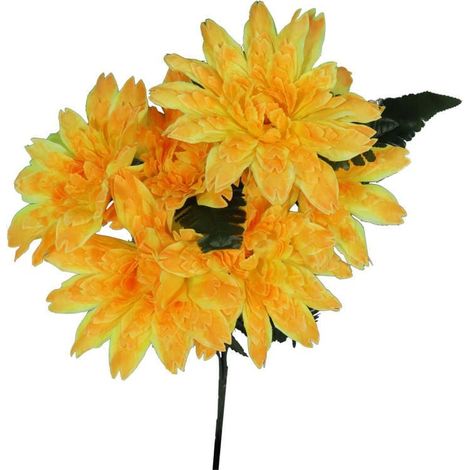 Un bouquet di fiori artificiali, composto da 7 dalie e foglie di felce gialle. (1/3)
