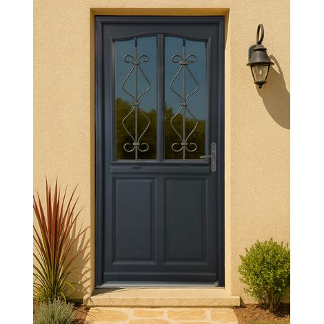 Gd Menuiseries – Porte d'entrée bois vitrée Sandro gris RAL 7016 – Hauteur 215 cm – Largeur 90 cm – Épaisseur cadre 4 cm – Installation facile - 215xl