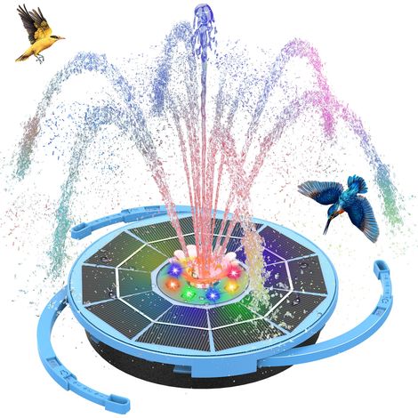 (Bule) Pompe de fontaine solaire pour bain d'oiseaux 3,5 W avec lumière, fontaine solaire bleue/violette, mode automatique/nuit, convient pour la cour (1/5)