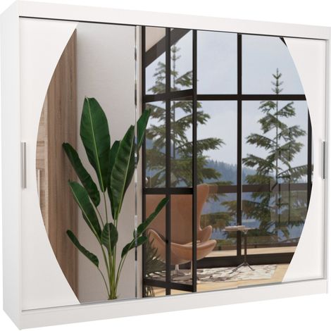 Les Tendances – Armoire de chambre 3 portes coulissantes blanches avec miroir – Dimensions L 250 x H 200 x P 58 cm – Intérieur avec étagères réglables (1/5)