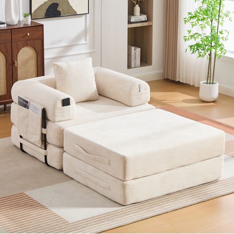 Poltrona modulare con poggiapiedi 112x190x67 cm, design ergonomico, tasca laterale, cuscino incluso, corduroy beige (1/5)