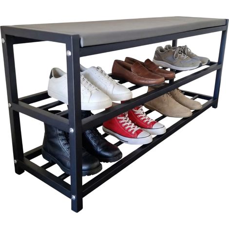 Scarpiera Slim in Metallo Nero con Panca e Seduta Imbottita 60CM+PANCA