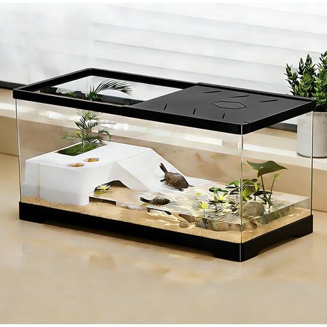 Aquarium pour Tortues avec Plate-Forme de Bain de Soleil et Drainage au Fond, Aquarium de 30 x 18 x 18,5 cm pour Jeunes Tortues, écrevisses, crabes, Amphibiens, Reptiles, Noir