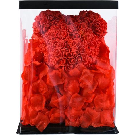 Orsetto di rose 40 cm cuore rosso + confezione e petali (1/4)