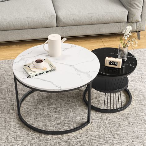 2er-Set runde Couchtische (Satztische), Marmoroptik, Metallgestell, modernes Design, 70x70x45,5 cm & 45x45x40 cm, Schwarz/Schwarz & Weiß