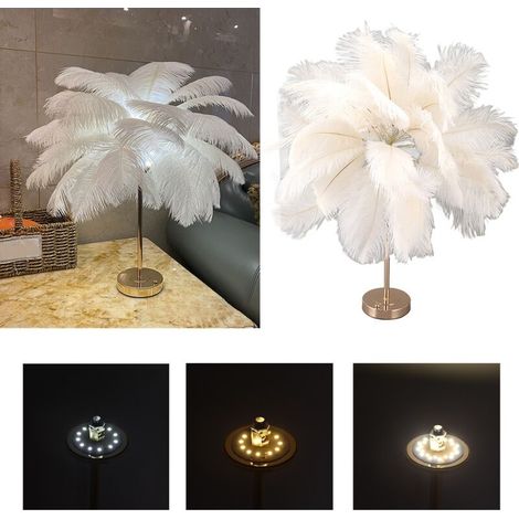 Lampada da tavolo ricaricabile realizzata con piume di struzzo, lampada decorativa moderna e romantica, lampada da comodino per la camera da letto, bianca (1/5)