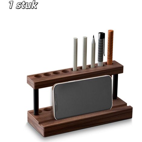 porte stylo boîte de rangement porte stylo de bureau bois de noyer 9 compartiments pour stylos avec support pour téléphone convient pour les bureaux et les salles de bain couleur marron (1/5)
