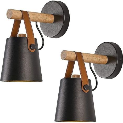 Set di 2 applique moderne E27 in stile metallo ferro battuto con cintura in legno, illuminazione industriale Pr (senza lampadina) nero