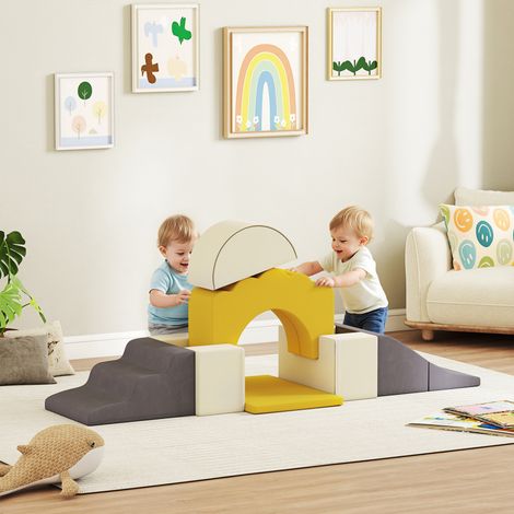 Parcours motricité bébé blocs mousse éducatifs modulable 7 pièces avec housse lavable en velours sécurité renforcé jaune