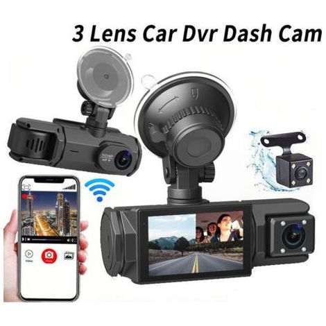 4K WiFi Dashcam Voiture Avant Arrière Intérieur, Carte SD 64G, 2160P+1080P+1080P FHD 3 Canaux Dash Cam,Camera Voiture Triple 360° Tous Côtés,G-Capteur,WDR,Vision Nocturne,24H Mode Parking (1/4)
