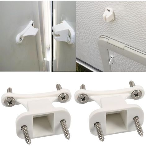 Juego de 2 topes de puerta para caravanas/autocaravanas, blancos, de plástico, repuestos, 8 tornillos, para furgonetas camper y barcos. (1/5)