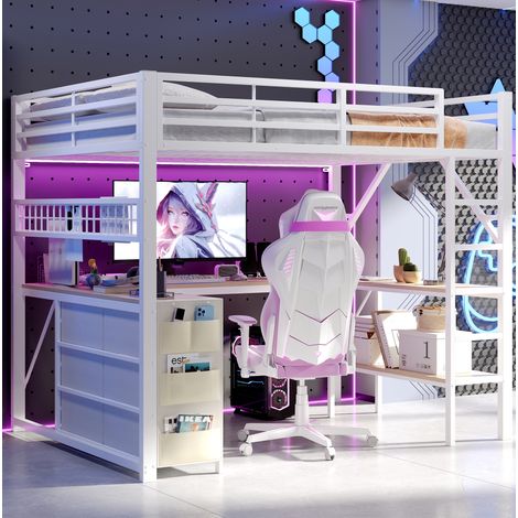Cama alta 140x200 cm de metal y MDF blanco con escritorio LED, sin colchón – MEUBLIV (1/5)