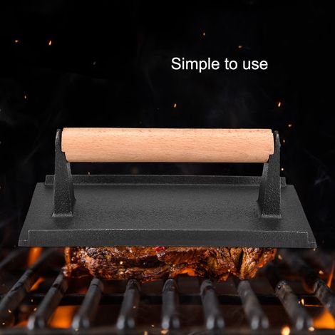 Presse à steak en fonte commerciale avec manche en bois pour bacon et hamburgers (1/5)