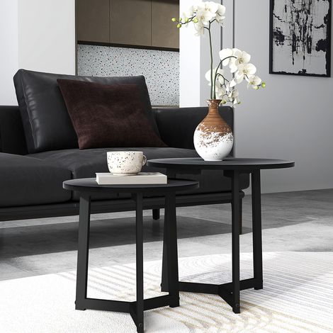Set de 2 mesas auxiliares redondas negras con estructura de acero, diseño moderno, hasta 35 kg (1/5)