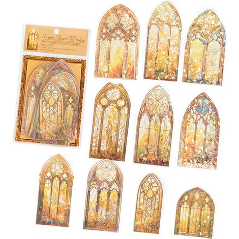 10 Stück holografische 3D-Scrapbook-Aufkleber aus PET mit leuchtenden Farben und Fensterdesign, einfach anzubringen, ästhetische Aufkleber für Notizbücher und Journale, gelb (1/5)