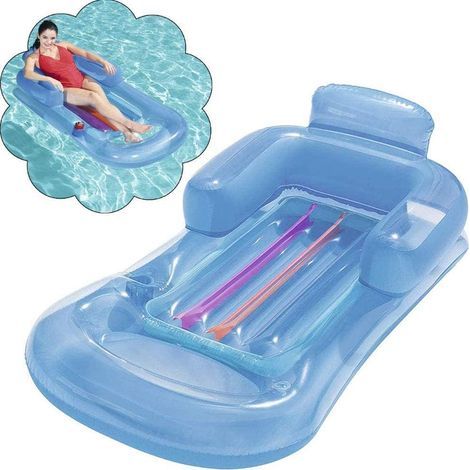 1 lit à eau gonflable simple bleu 43028 avec accoudoirs, dossier à trou pour tasse, chaise longue de luxe, chaise de loisirs aquatiques, rangée flottante pour adultes (1/5)