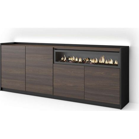 Aparador Benagalbón-01 de 207x80x37 cm con 4 puertas, chimenea y luces LED, roble oscuro y negro (1/4)