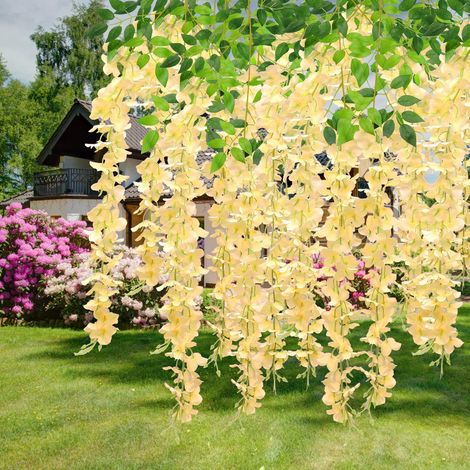 Guirlande de fleurs artificielles en rotin couleur champagne (lot de 12), glycine en soie, idéale pour la décoration intérieure.-AquaForge (1/5)