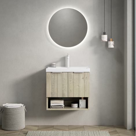 Meuble vasque mural 55 cm avec lavabo céramique blanc, 2 portes et étagère ouverte, REDOM (1/5)