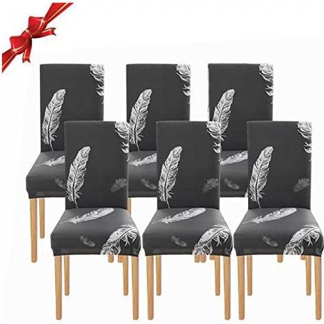6 Pièces Housse de Chaise Extensible(Plume Gris), Universelle Lavables,Couverture de Chaise Facile à Nettoyer pour Décor Salle à Manger Hôtel Restaurant (1/5)