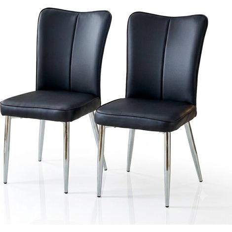Lot de 2 Esszimmerstühle aus PU Schwarz und Silberfarbenen Metallbeinen, Ergonomische Rückenlehne (1/5)