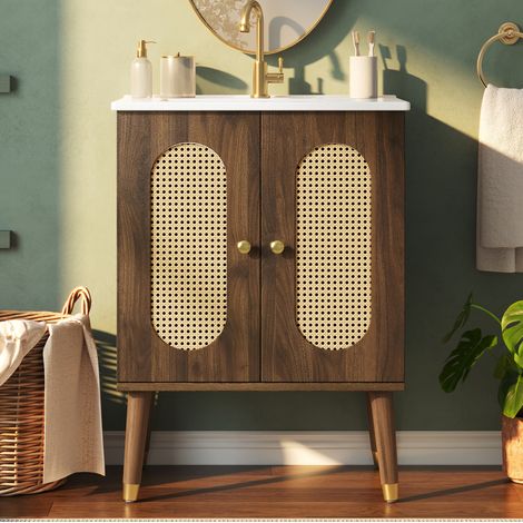 Mueble de baño con lavabo 61 cm, en MDF y cerámica, color nogal OKMYHOME (1/5)