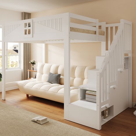 Cama alta CHICFURN 140x200 cm de madera blanca con escalera reversible y almacenaje (1/5)
