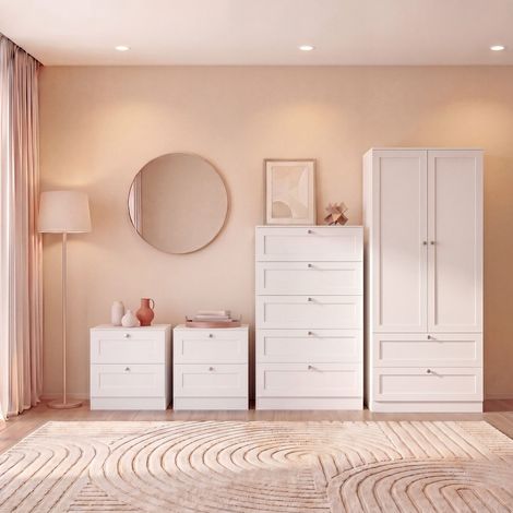Altino 4 Piece Bedroom Set with 2 Drawer Bedside, Set of 2, 5 Drawer Chest, 2 Door 2 Drawer Wardrobe, White
